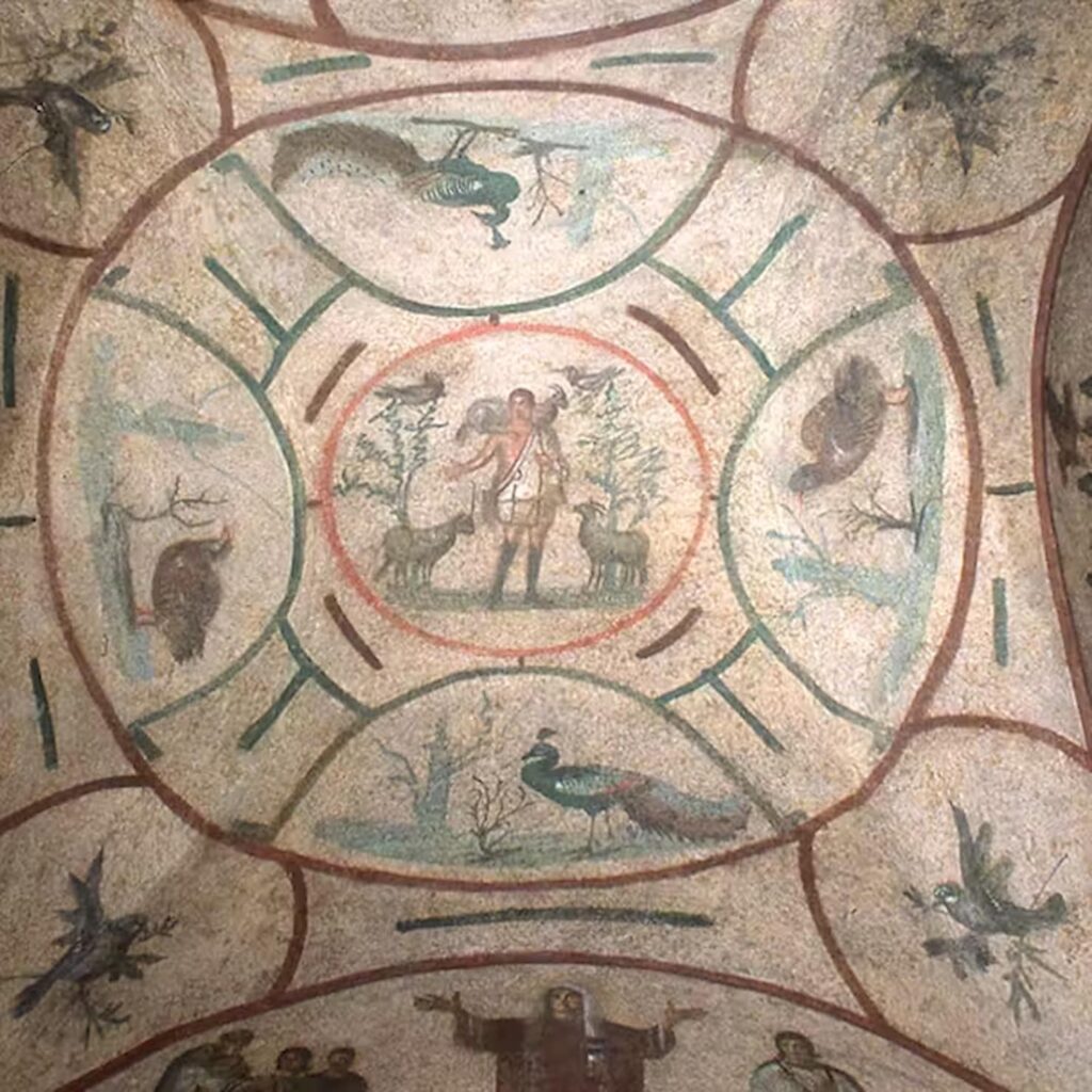 Affreschi all'interno delle catacombe di Priscilla